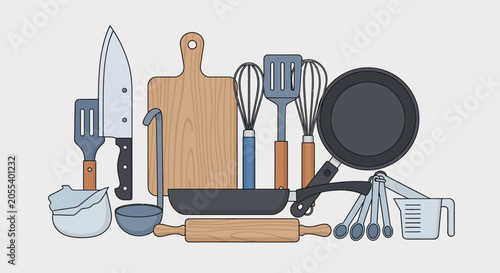Cuadro en lienzo Assorted Kitchen Utensils and Cooking Tools Collection Flat Illustration