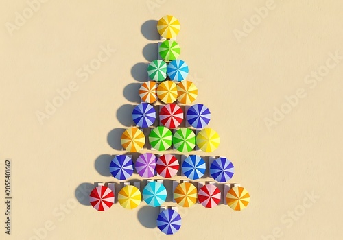 Colorful beach umbrellas arranged as a Christmas tree