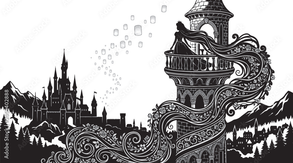 Naklejka premium Fantasy Princess in Tower with Lanterns and Castle Silhouette