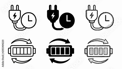 Set of icons: power plug and battery charge with time and arrows