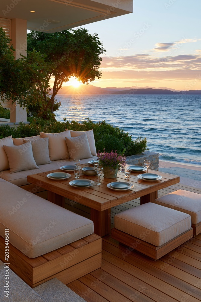 Fototapeta premium Coastal terrace sunset lounge and dining set with sofa and wooden table for relaxing outdoor background and vacation wallpaper