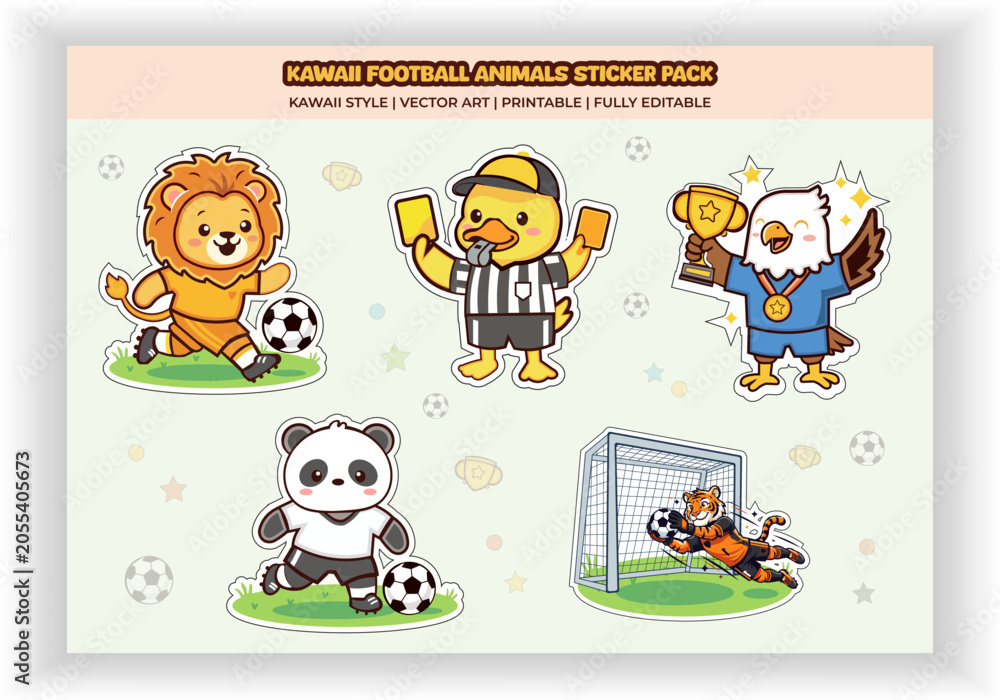 Fototapeta premium Cute Animal Football Team Sticker Pack Cartoon Vector Design