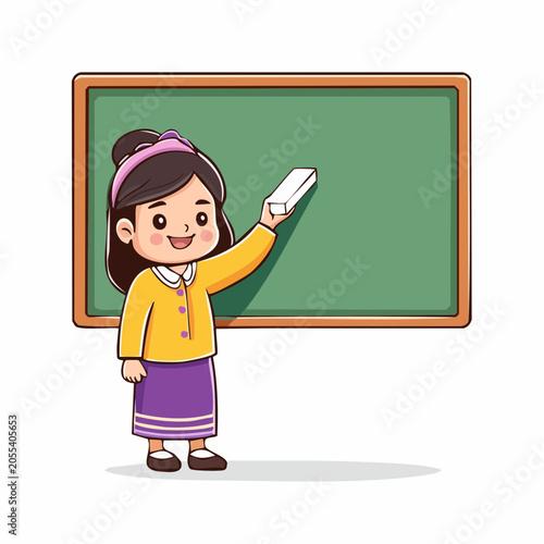 Cartoon Girl Erasing Green Chalkboard