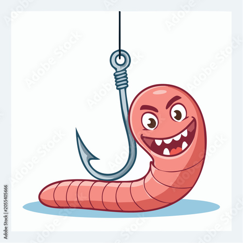 Cartoon Worm on Fishing Hook