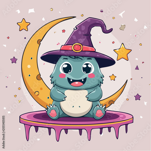 Cute Monster Wearing Witch Hat Sitting on Crescent Moon