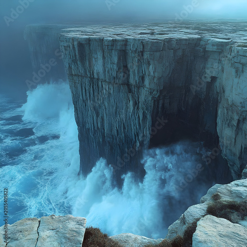 Dramatic Ocean Waves Crashing Against Cliff.