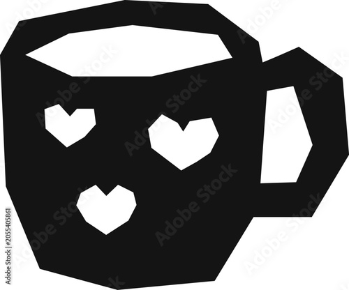 Cup with hearts, element for cutting. Cup of coffee isolated on white background. Engraving style.