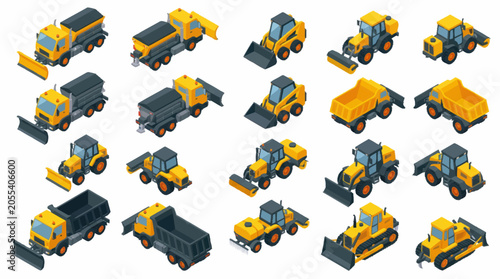 Bild auf Leinwand Collection of Isometric Construction Vehicles and Machinery.