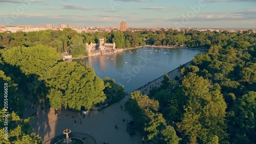 Madrid Retiro park lake and monument aerial view