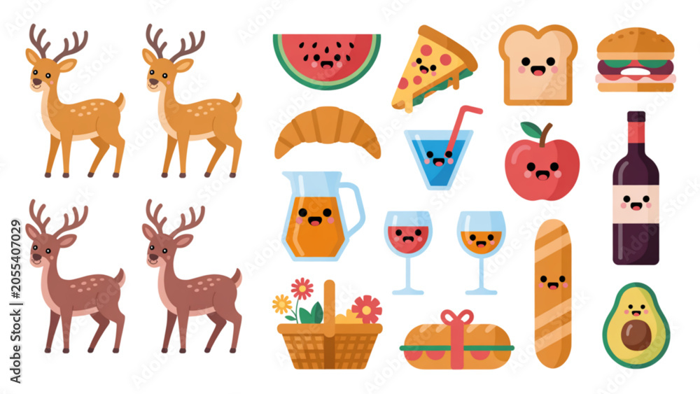 Fototapeta premium Colorful cartoon icons set featuring animals, food, and objects in a playful style Vector