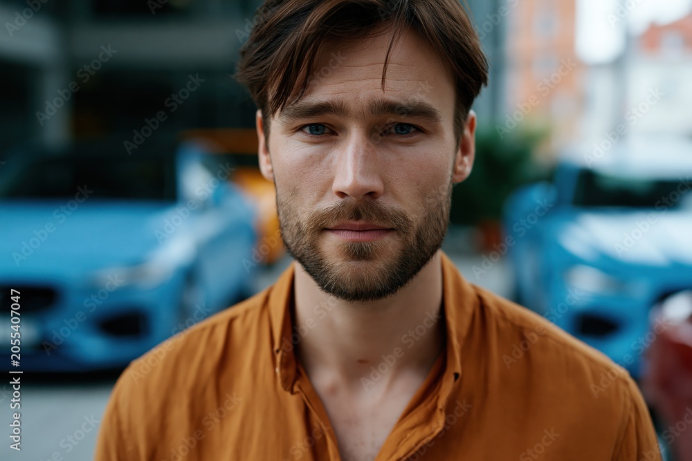Obraz premium Closeup bearded man portrait at car showroom with shallow depth of field for advertising banner and website background