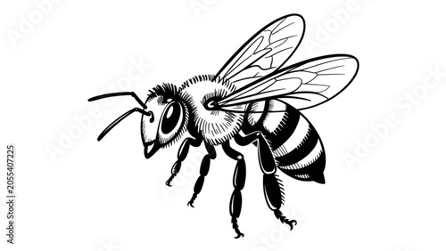 Fotografi Black and yellow bee flying isolated Vector