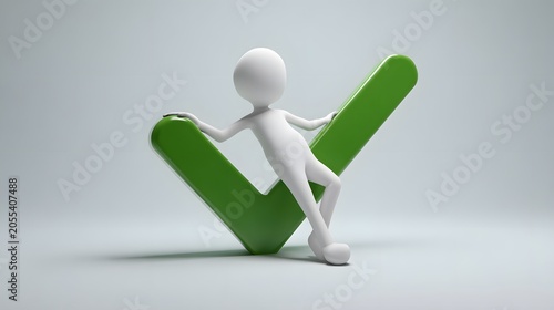 3D humanoid figure relaxing on large green checkmark symbol representing success or achievement