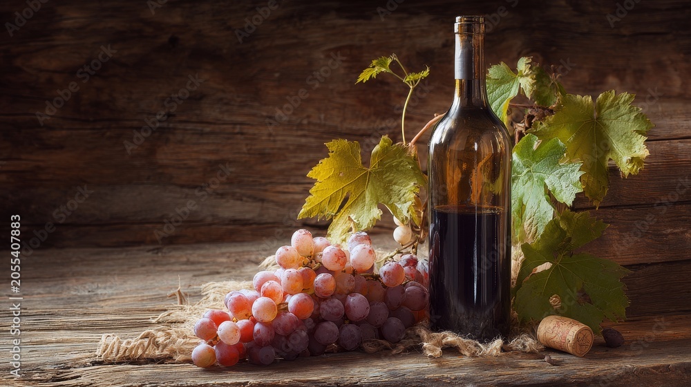 Fototapeta premium Wine bottle and fresh grapes arranged on a wooden table, creating a rustic still-life composition that evokes vineyard traditions and wine culture.