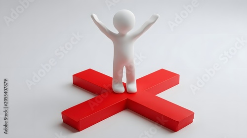 3D humanoid figure standing on red 3D cross symbol with arms raised in victory