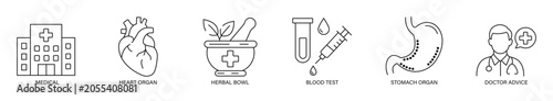 Fotografía Human anatomy and medical line icon set featuring heart organ, stomach, doctor advice, blood test, herbal bowl, hospital building, syringe and laboratory