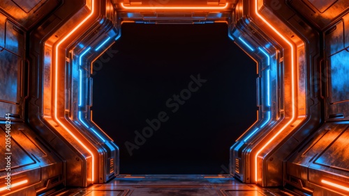 Futuristic corridor with neon lights