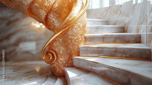 Luxurious spiral staircase in a modern marble interior with gold accents