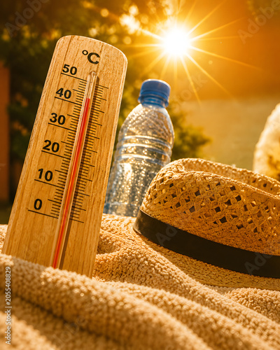 Heatwave Concept with Thermometer, Water Bottle and Straw Hat Under Hot Summer Sun