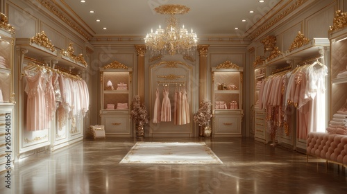 Luxurious walk-in closet with dresses, ornate interior, sunlit