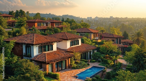 Luxury hillside homes at sunset with distant city view