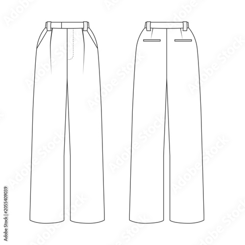 Technical sketch of wide-leg pants with pleats, front and back views. Pattern for wide-leg pants with pockets. Vector illustration of palazzo pants.
