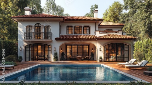 Luxury villa with pool, forest backdrop, evening ambiance
