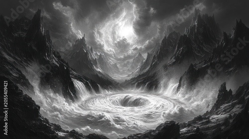 Maelstrom in mountain valley under stormy sky