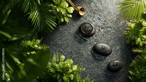 Spa Zen Stones with Greenery and Candle on Water Surface for Relaxation