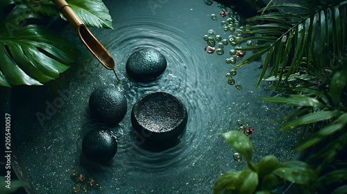 Tranquil spa scene with black stones surrounded by lush green tropical leaves