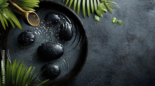 Hot stones in basin with lush green leaves for relaxation spa treatment