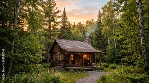 Cozy wooden log cabin in the lush green forest at sunset. Beautiful rustic cabin house with smoking chimney, porch lights, and rocking chairs.