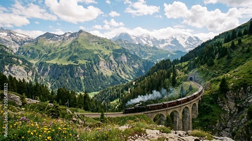 Steam train moving on stone viaduct bridge across Swiss Alps mountains. Beautiful mountain landscape with old classic train, green valley, and snowy peaks.