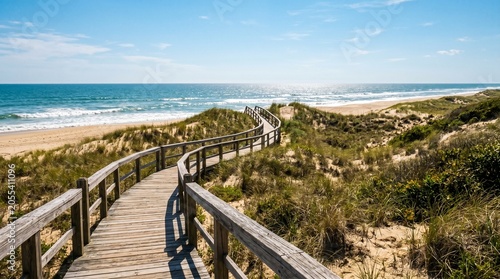 Winding wooden boardwalk pathway through sand dunes to the ocean beach. Beautiful coastal landscape with green sea grass under blue sky.