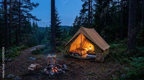 Retro canvas bell tent with a warm campfire burning outside in the forest. Cozy camping site setup at dusk with a lantern, stool, and backpack.