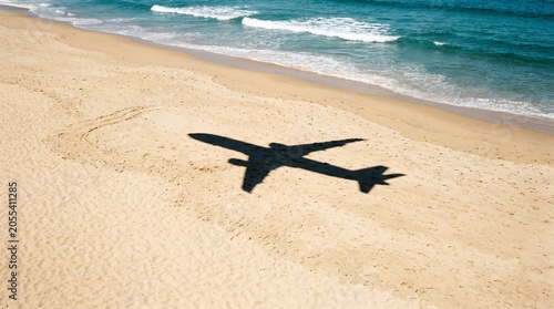 Large airplane shadow cast on a beautiful sunny sand beach. Creative travel and aviation concept with blue ocean waves and golden coastline.