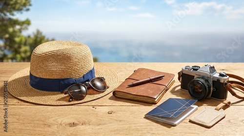 Retro photo camera, leather notebook, passport, and straw hat on a wooden table. Travel lifestyle concept background with blurred ocean view.