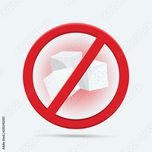 No sugar warning vector icon illustration featuring sugar cubes inside a red prohibition sign