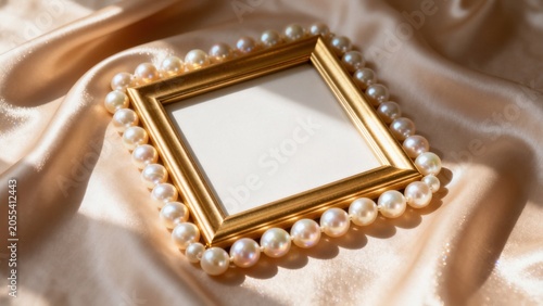 Gold frame with pearls on fabric