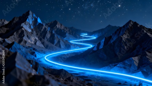 Starry night mountain path with glowing blue line