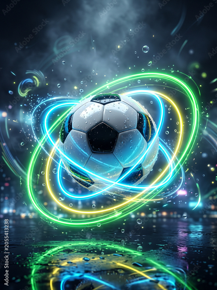 Naklejka premium Soccer ball with neon light rings