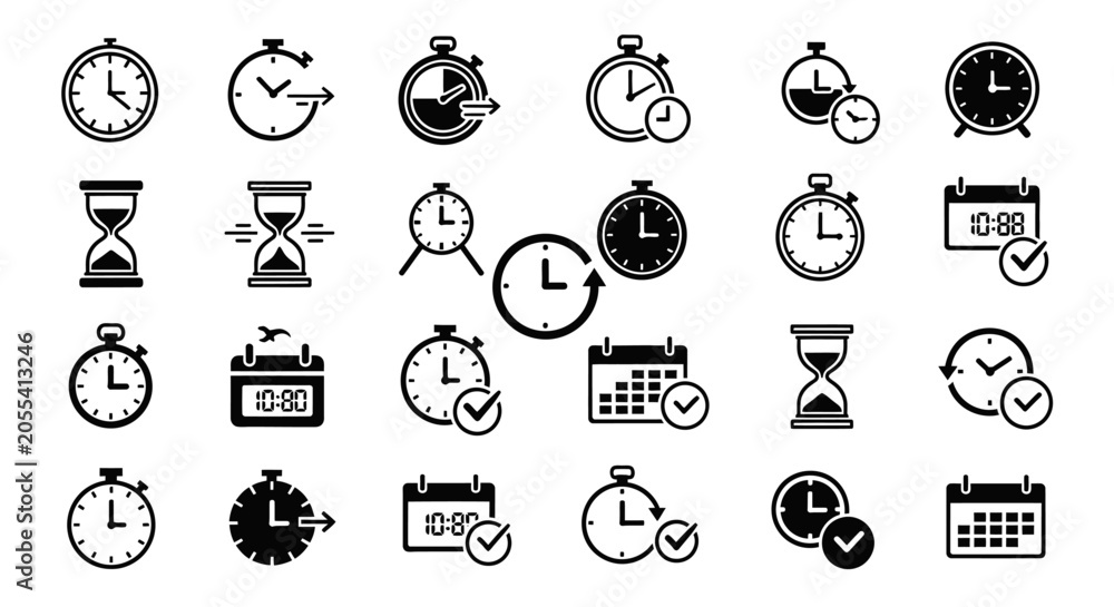 Fototapeta premium Minimalist Time Management Icons Set with Clocks, Stopwatches, and Calendars on Isolated White Background