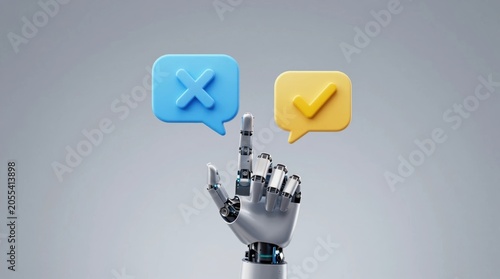 Robot hand holding a blue cross icon and a yellow check icon in a digital setting