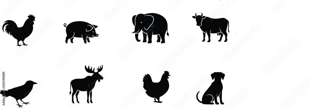 Fototapeta premium A professional minimalist vector silhouette set featuring mixed farm and wild animals including elephant cow pig dog and birds