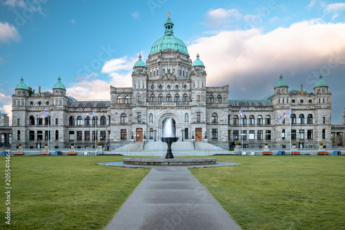 Victoria, British Columbia, Canada - May 14, 2026: British Columbia Parliament Buildings viewed from the legislative lawn in downtown Victoria.
