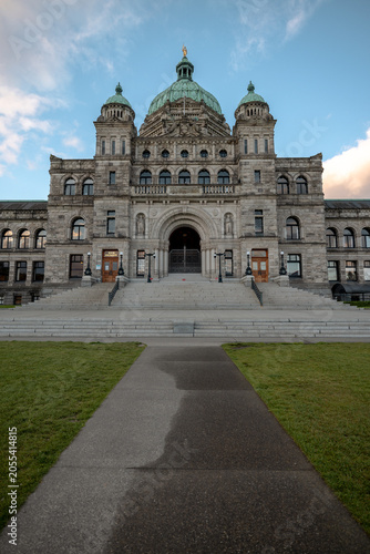 Victoria, British Columbia, Canada - May 14, 2026: British Columbia Parliament Buildings viewed from the legislative lawn in downtown Victoria.
