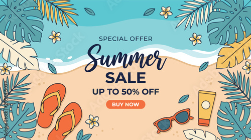 Cuadro en lienzo Summer sale with special offer up to fifty percent off featuring flip flops sung