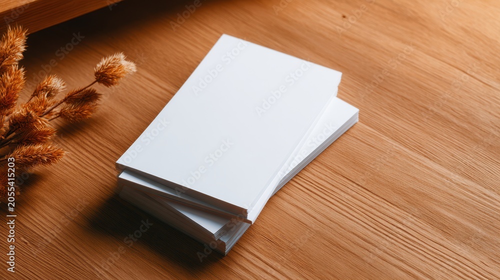 Fototapeta premium Stacked clean white blank paper sheets on a warm textured wooden table, ideal for mockups or branding