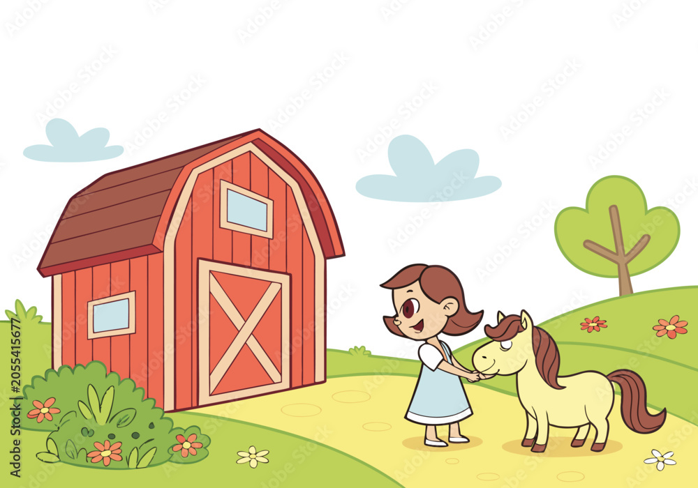Naklejka premium A happy little girl petting a cute pony outside a red barn on a sunny day.