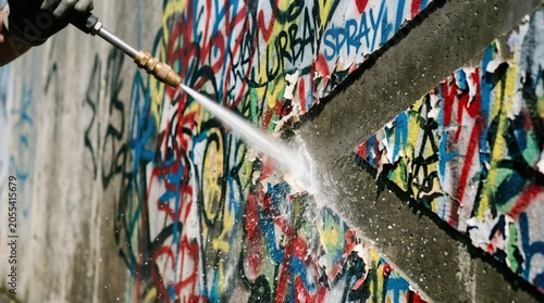 Man cleaning graffiti from concrete wall with high pressure water spray. Street art removal and urban maintenance service. Professional building exterior restoration and surface cleaning.